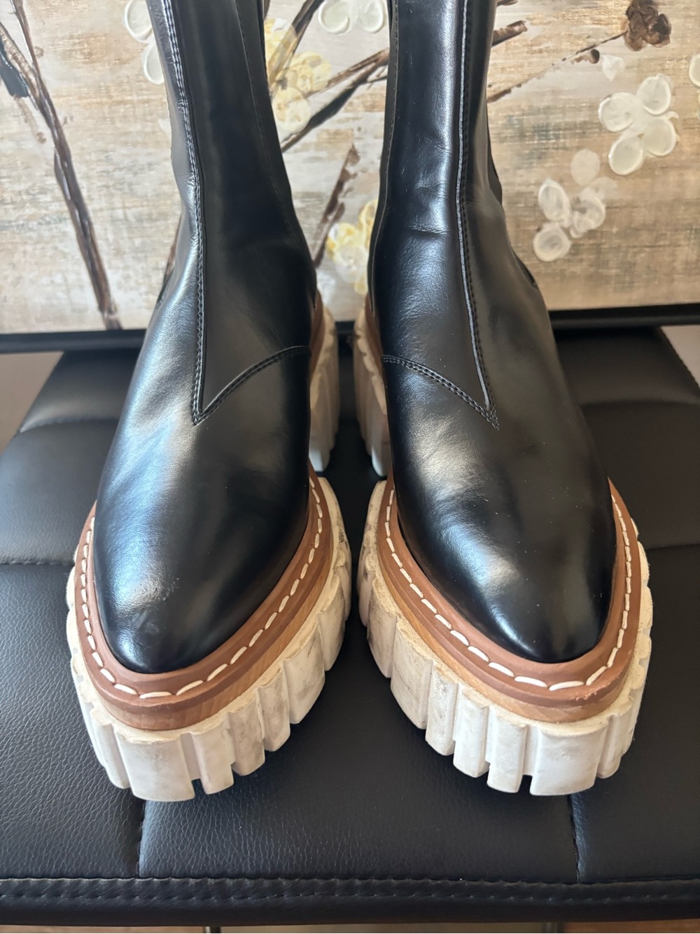 Stella McCartney Black Leather Lace-Up Platform Boots with White Chunky Sole